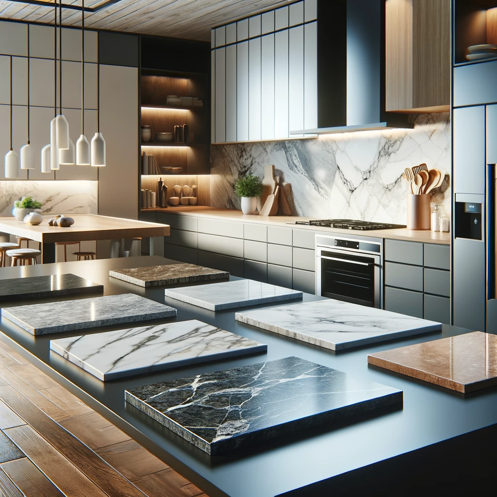 Modern kitchen interior with diverse worktops including granite, marble, and quartz, featuring high-end appliances and stylish cabinetry in a spacious layout with bright, contemporary lighting